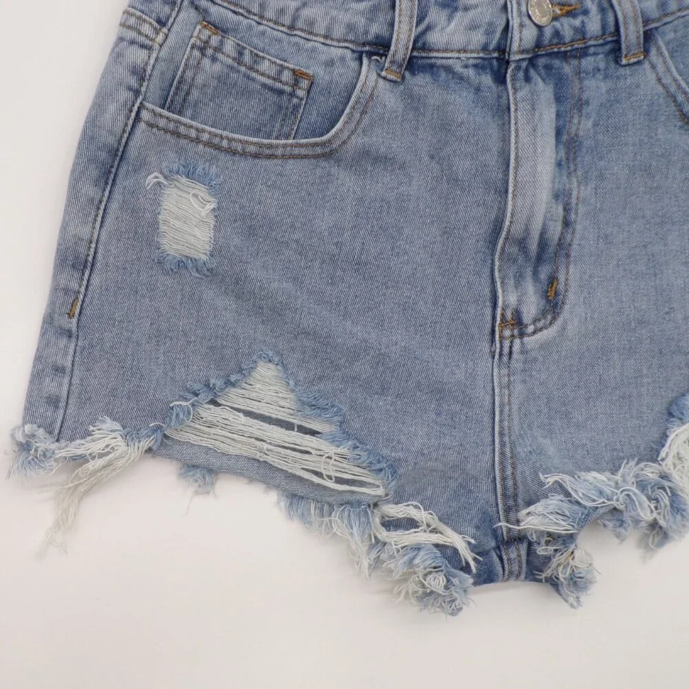 Shein Distressed Cut Off Jean Shorts Women 6 Frayed Holes Concert Festival Short - Picture 4 of 9